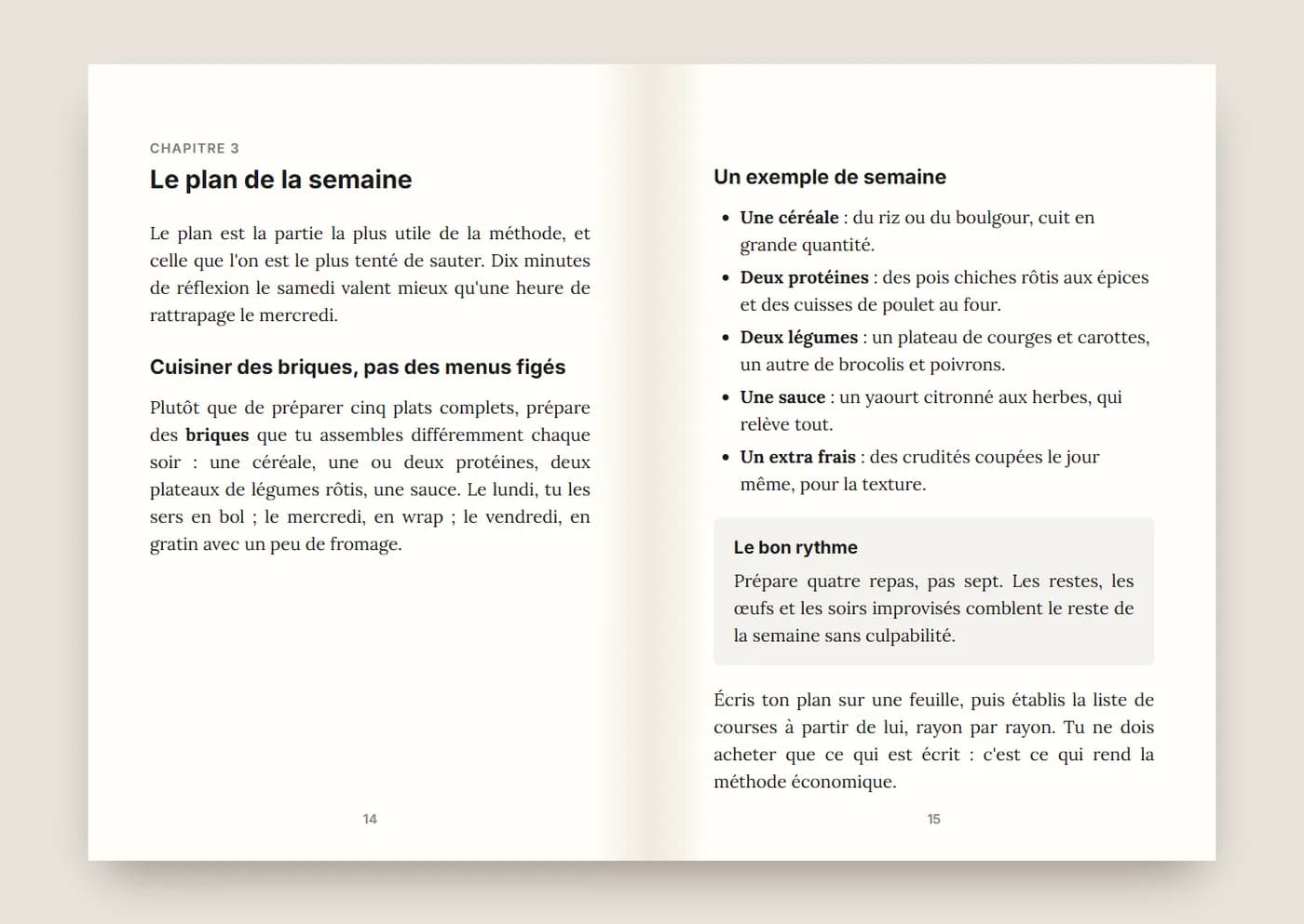 Double page intérieure de l'ebook d'exemple : titre de chapitre, texte justifié, liste et encadré